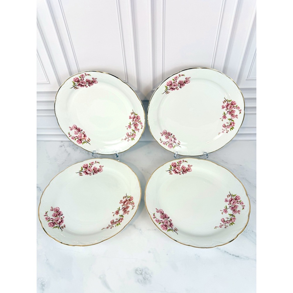 VTG Set of 4 ARPO Floral Cherry Blossom Gold Scalloped Edge 10" Dinner Plates